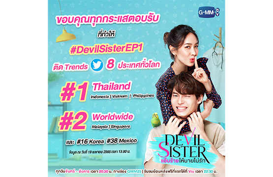 “วิน-มิน” เคมีพุ่งแรง 100% ส่งแฮชแท็กซีรีส์ #DevilSisterEP1 ทะยานติดเทรนด์ทวิตเตอร์ 8 ประเทศทั่วโลก และอันดับ 2 ของโลก